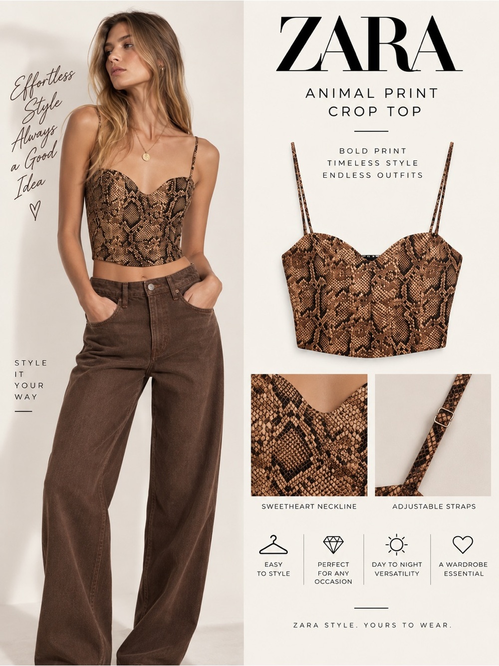 ZARA Brown Snakeskin Print Bustier Crop Top Size M NWT 3067/473